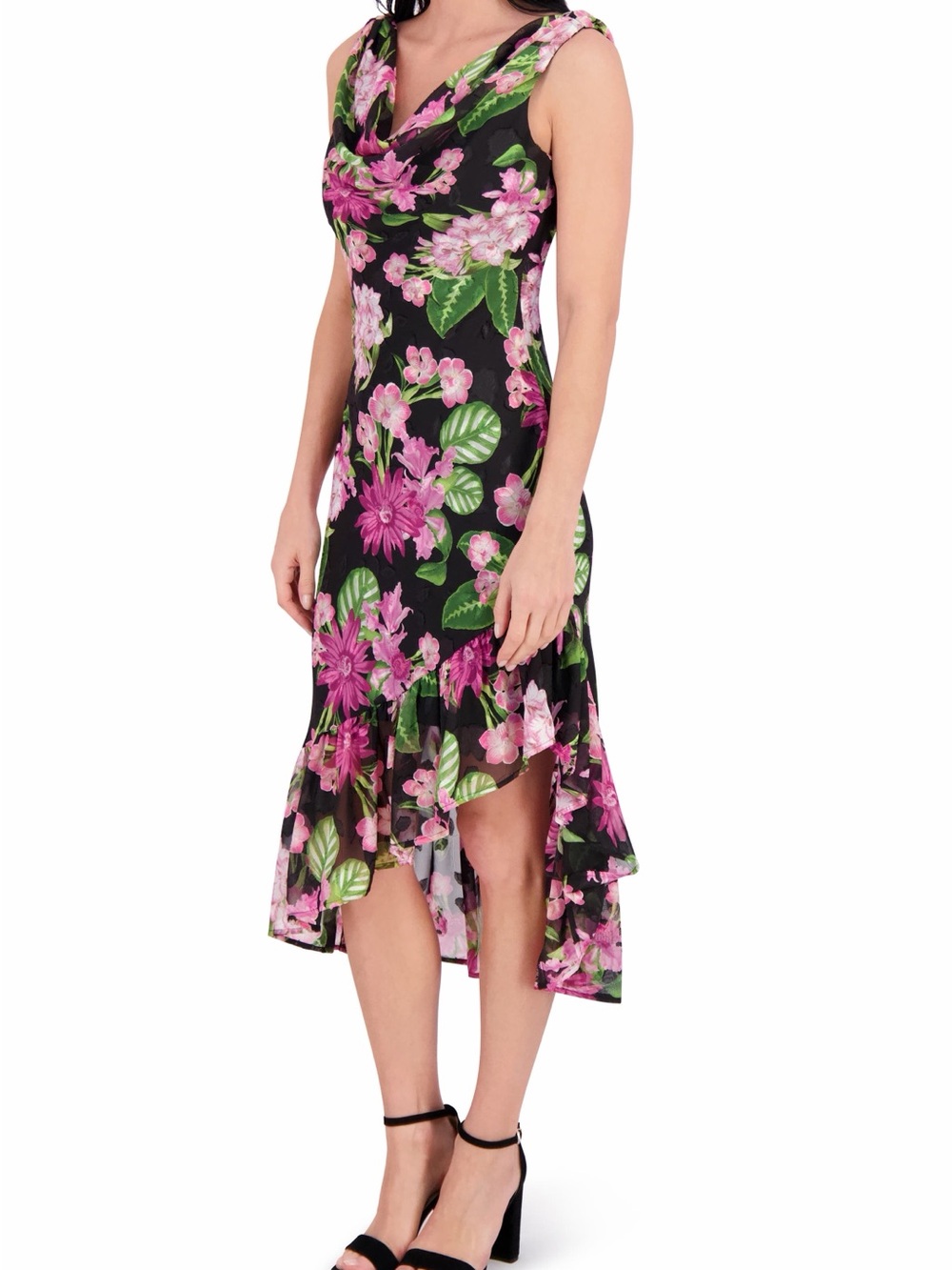 Kensie Black Midi Dress with Pink Floral Print - Picture 3 of 6
